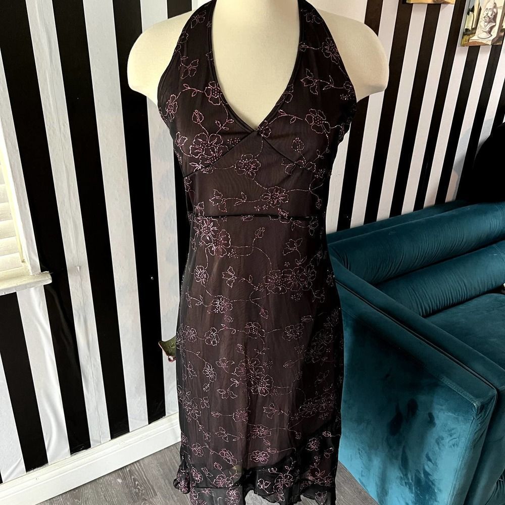 Vintage 90s / Y2K Black & Pink Midi Halter Floral Dress